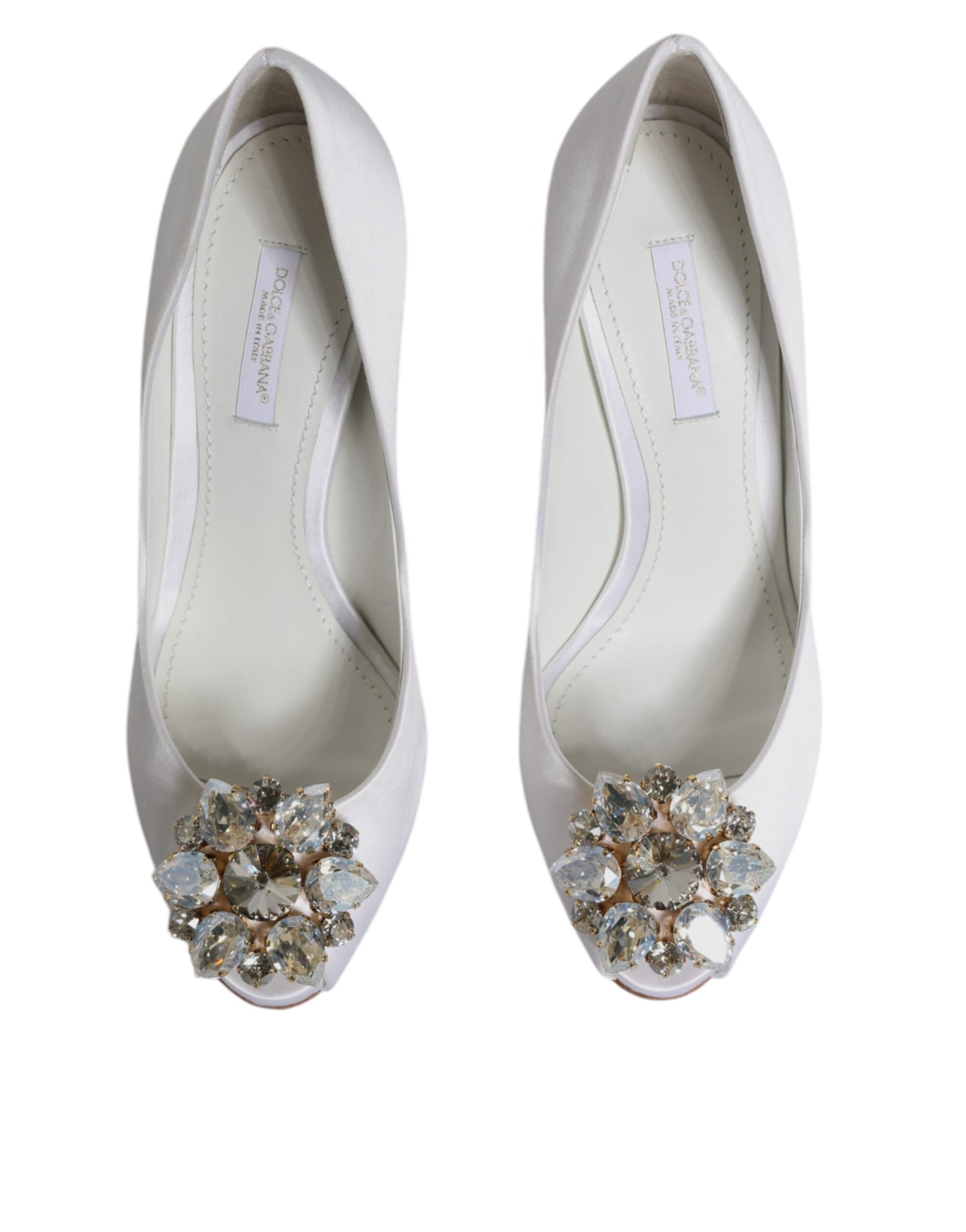 White Crystals Peep Toe Satin Pumps Shoes