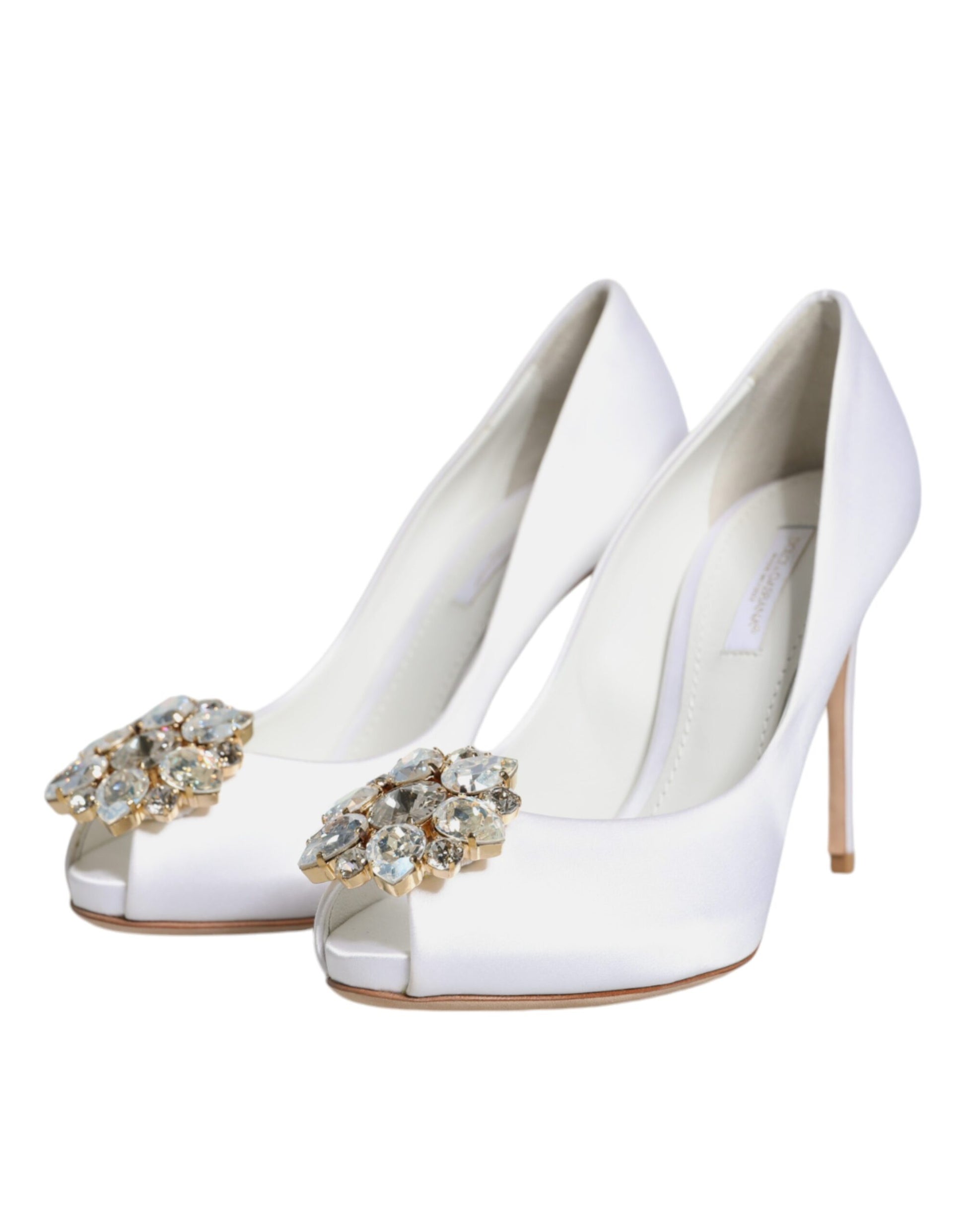 White Crystals Peep Toe Satin Pumps Shoes