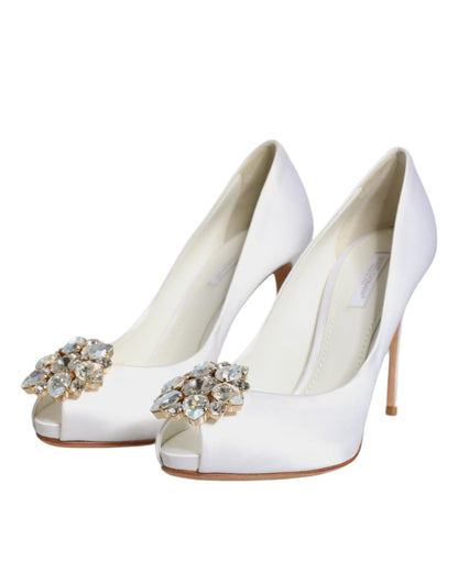 White Crystals Peep Toe Satin Pumps Shoes