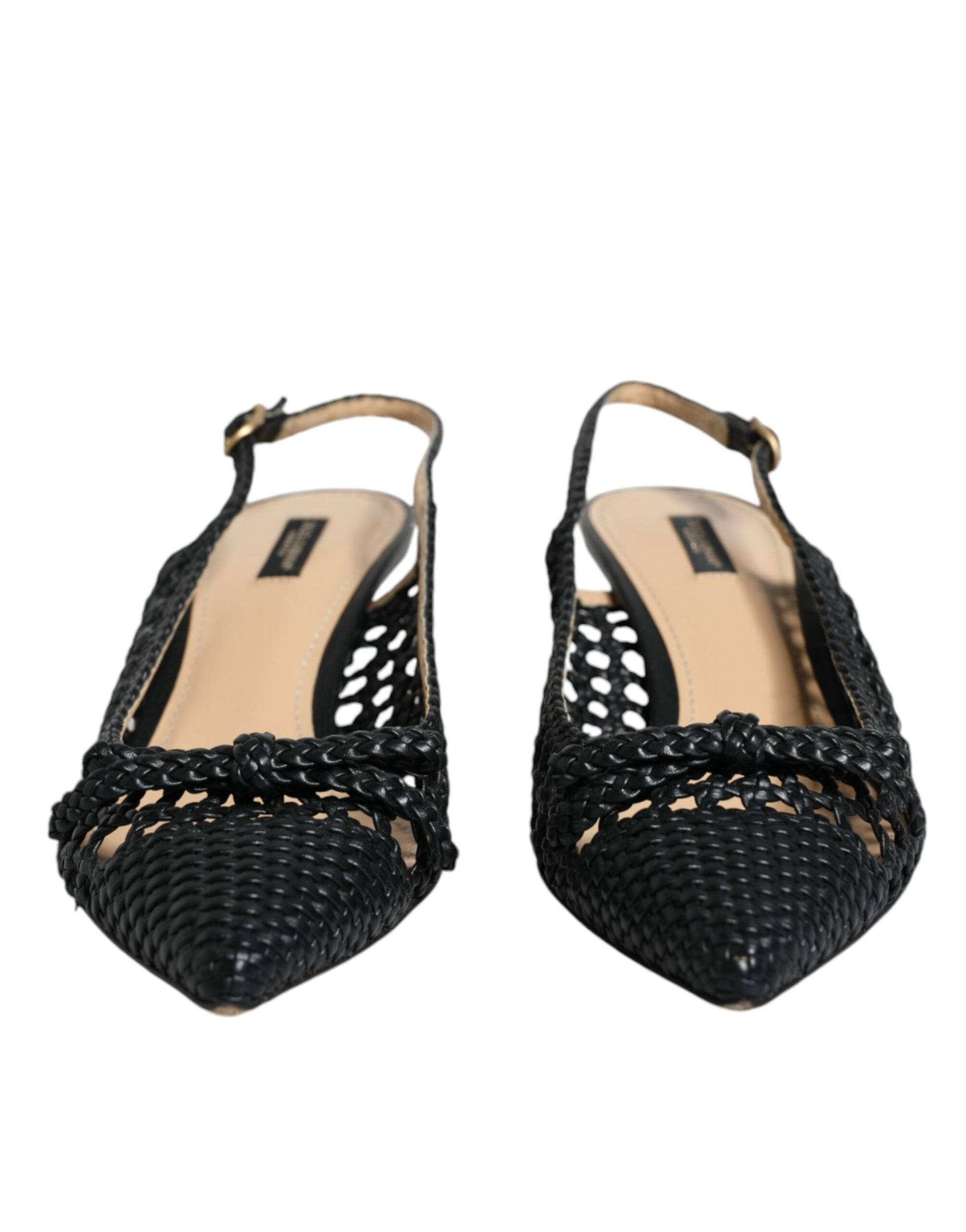 Black Leather Woven Heels Slingback Shoes