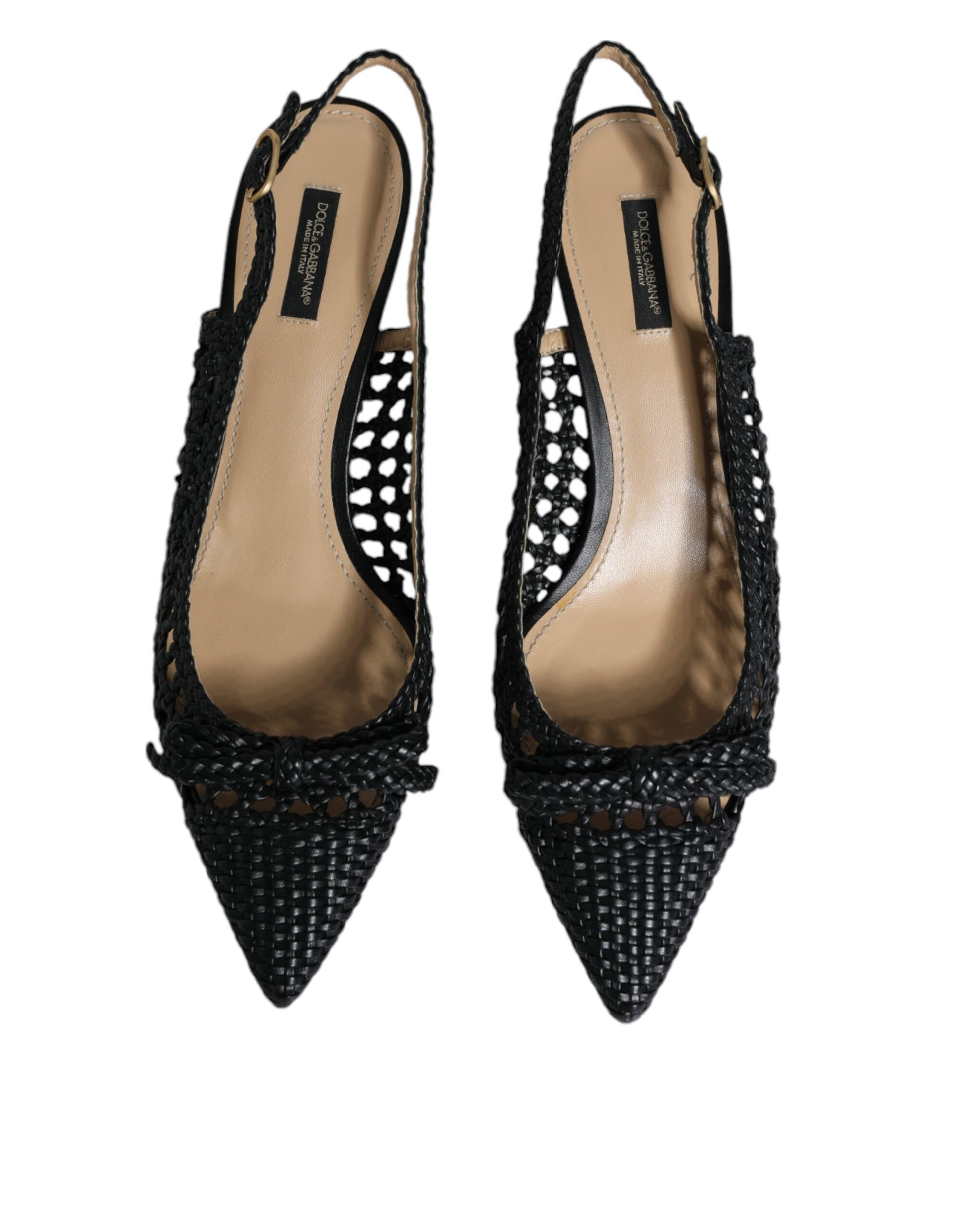 Black Leather Woven Heels Slingback Shoes