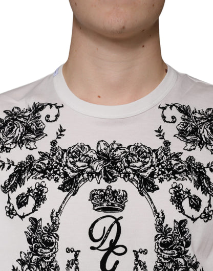 White DG Crown Floral Crew Neck Cotton T-shirt