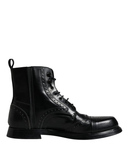 Black Leather Lace Up Mid Calf Boots Shoes