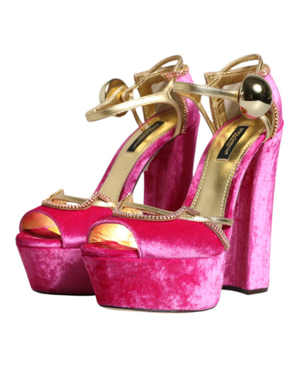 Pink Velvet Platform Ankle Strap Heel Sandals Shoes