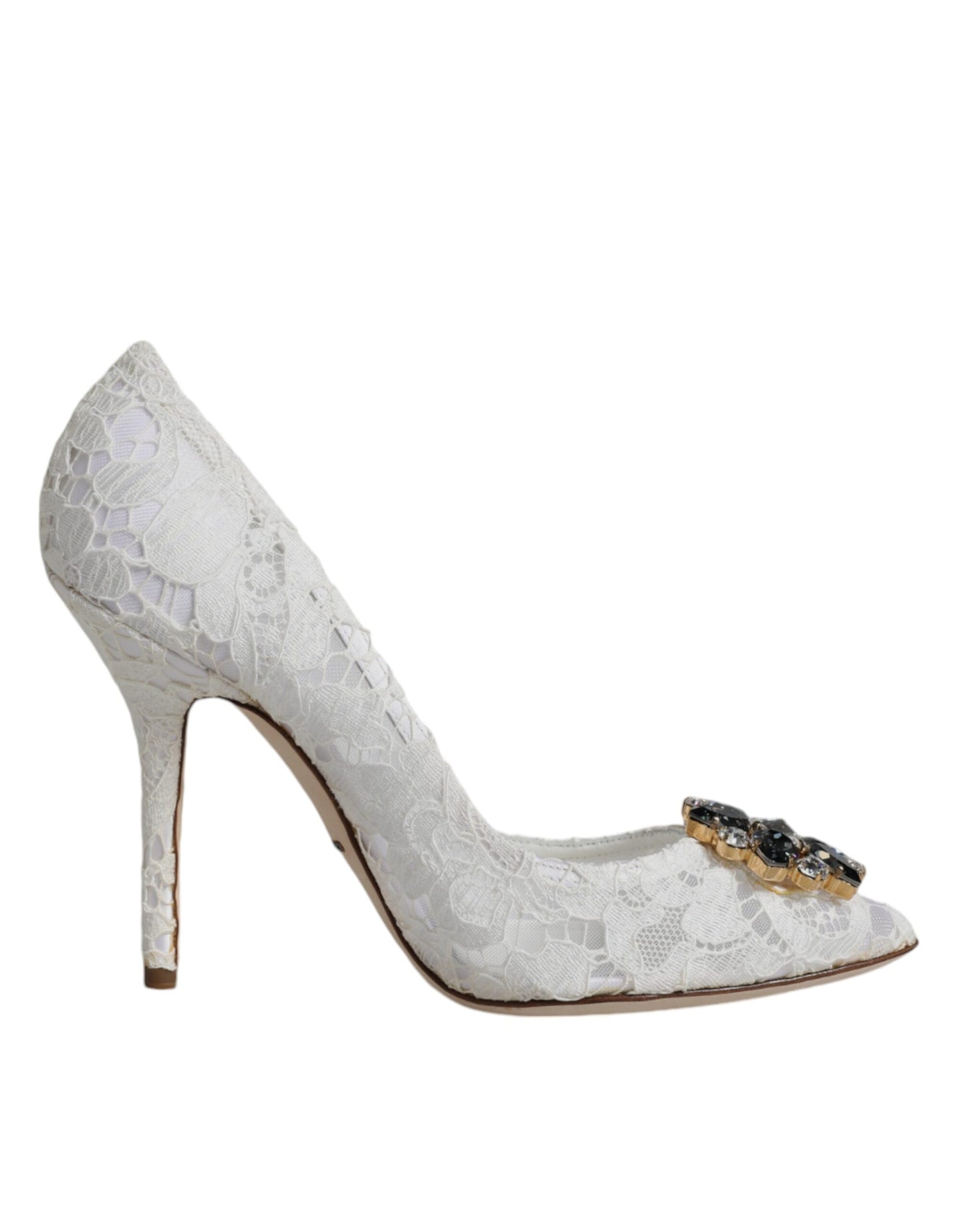 White Taormina Lace Crystal Heel Pumps Shoes