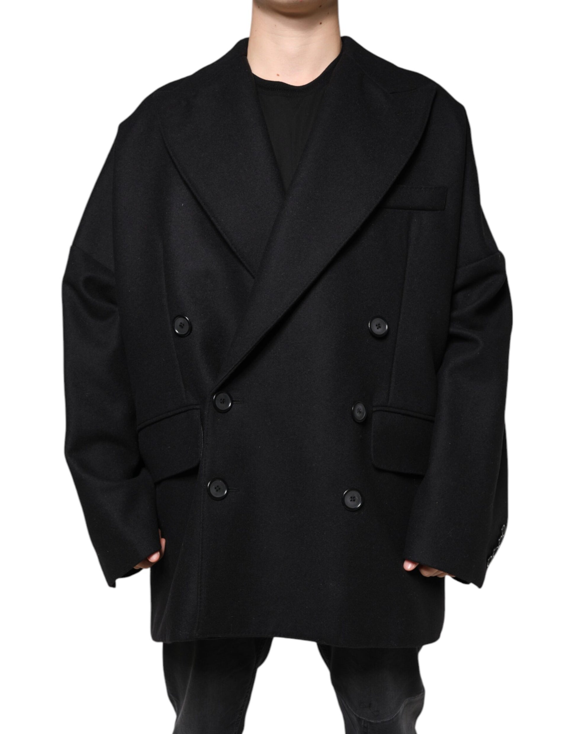 Black Wool Double Breasted Men Coat Jacket