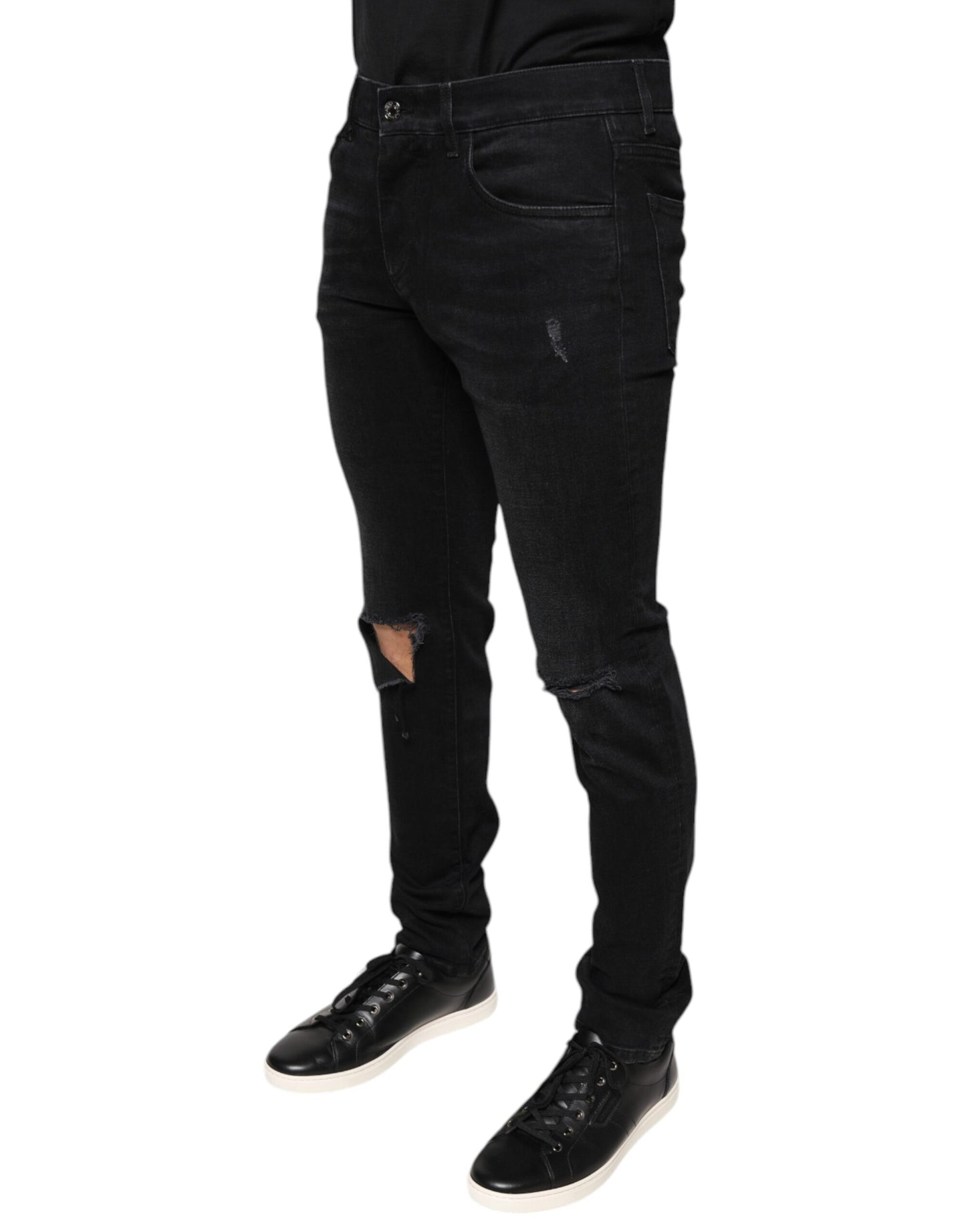 Black Tattered Cotton Skinny Men Denim Jeans