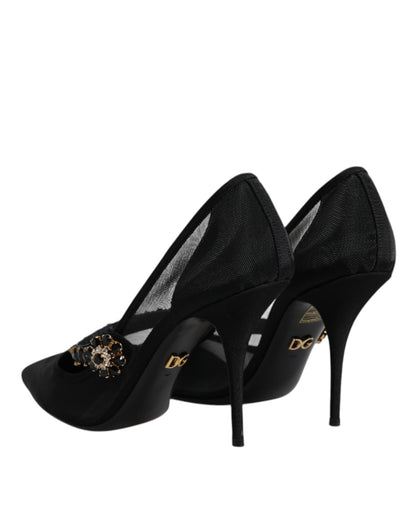 Black Mesh Mary Jane Crystal Heel Pump Shoes