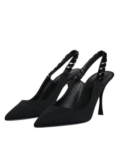 Black Embellished Charmeuse Slingback Shoes