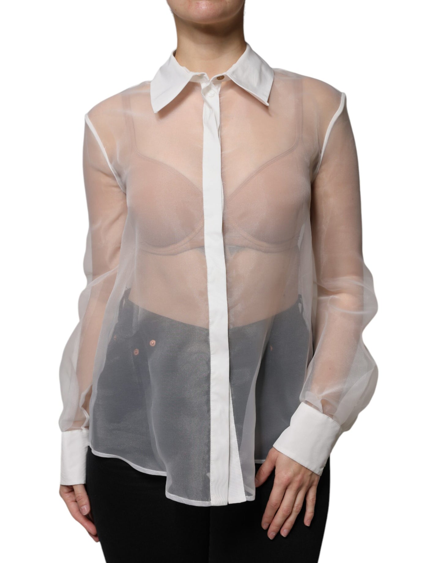 White Sheer Collared Buttoned Long Sleeves Top