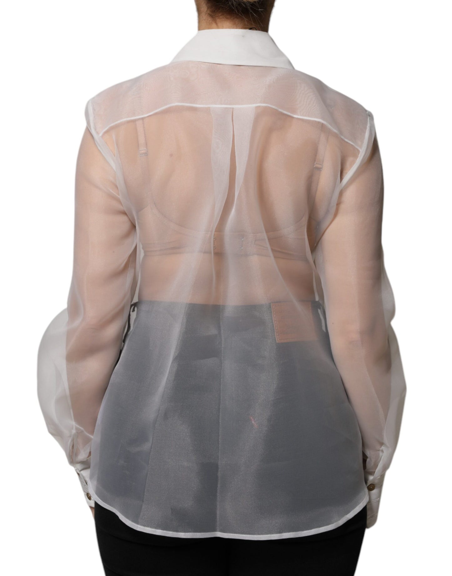 White Sheer Collared Buttoned Long Sleeves Top