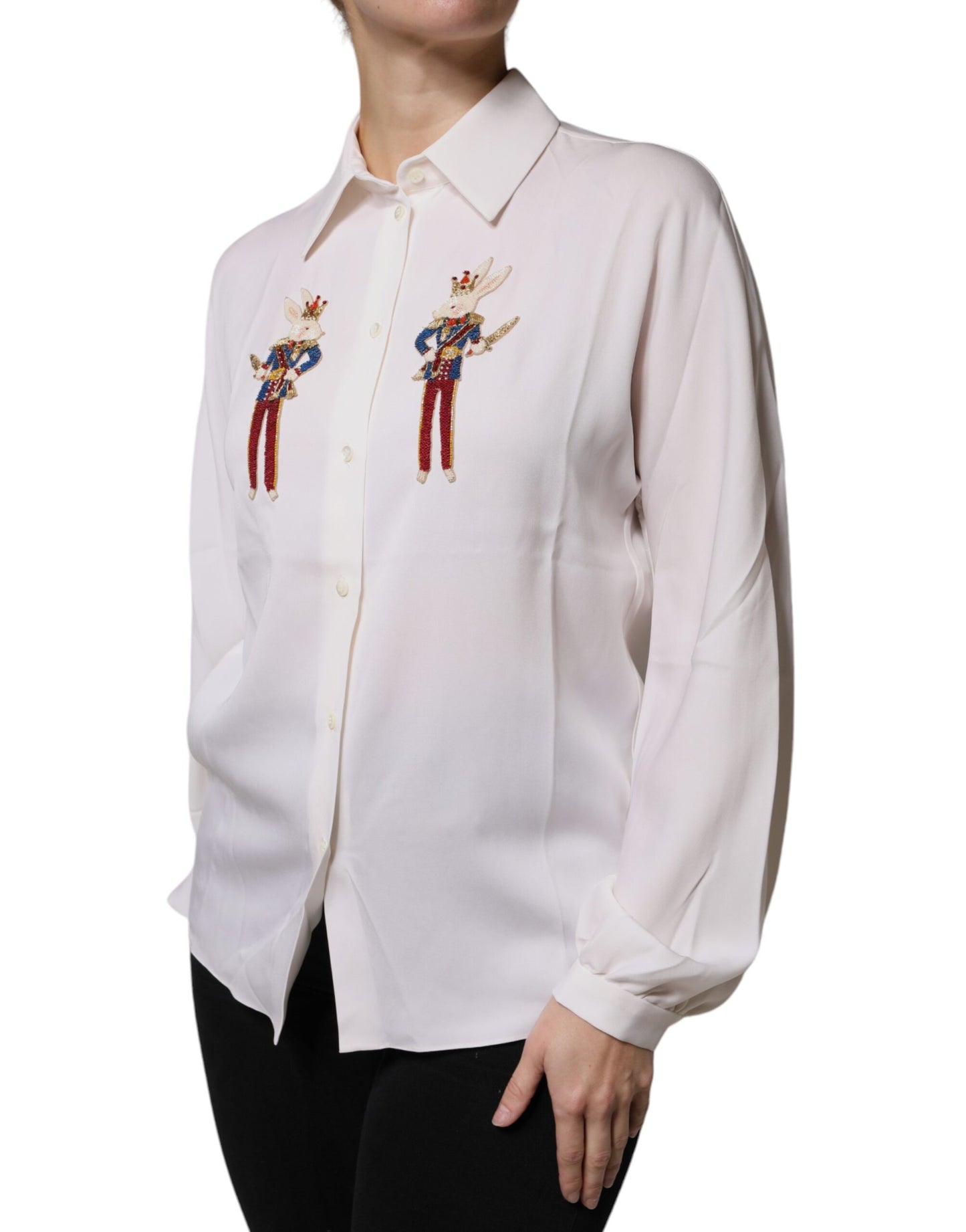 White Rabbit Patch Silk Collared Blouse Top