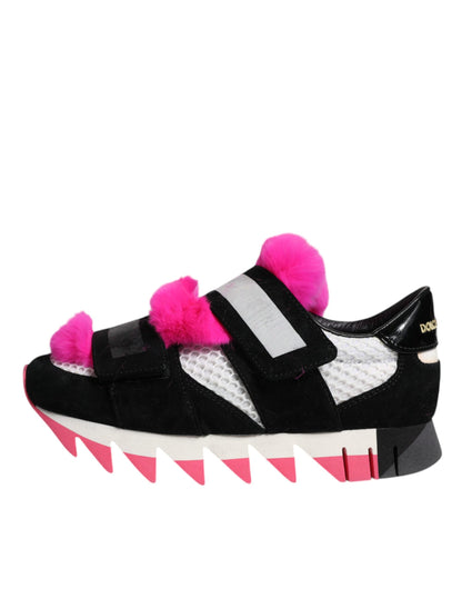 Black Pink Fur Embellished Sneakers Shoes