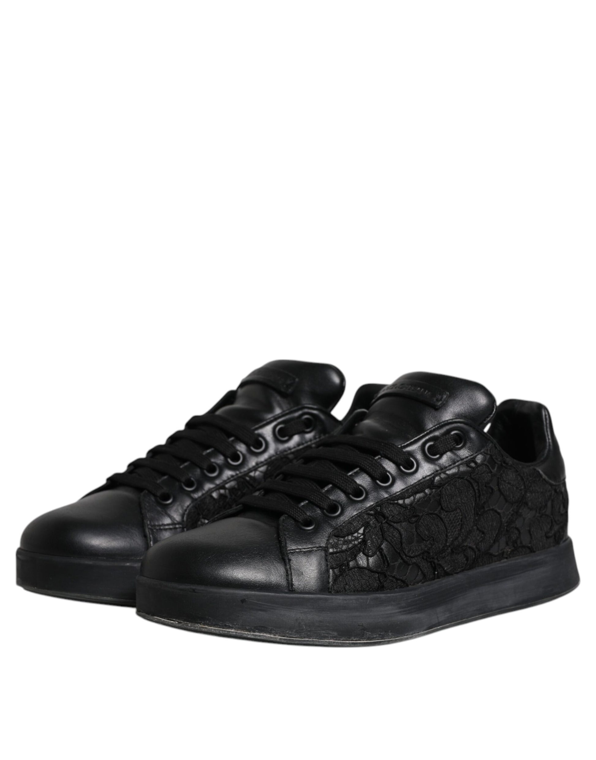 Black Lace Leather Low Top Sneakers Shoes