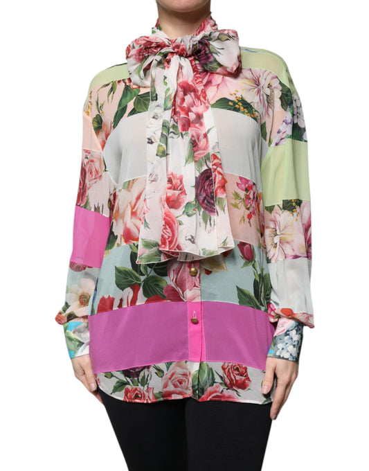 Multicolor Floral Patchwork Ascot Collar Top