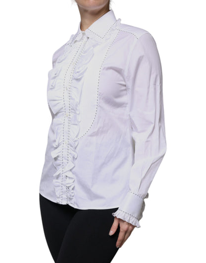 White Cotton Long Sleeves Ruffle Collar Top