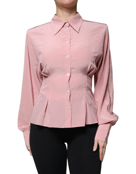 Pink Cotton Long Sleeves Collared Blouse Top