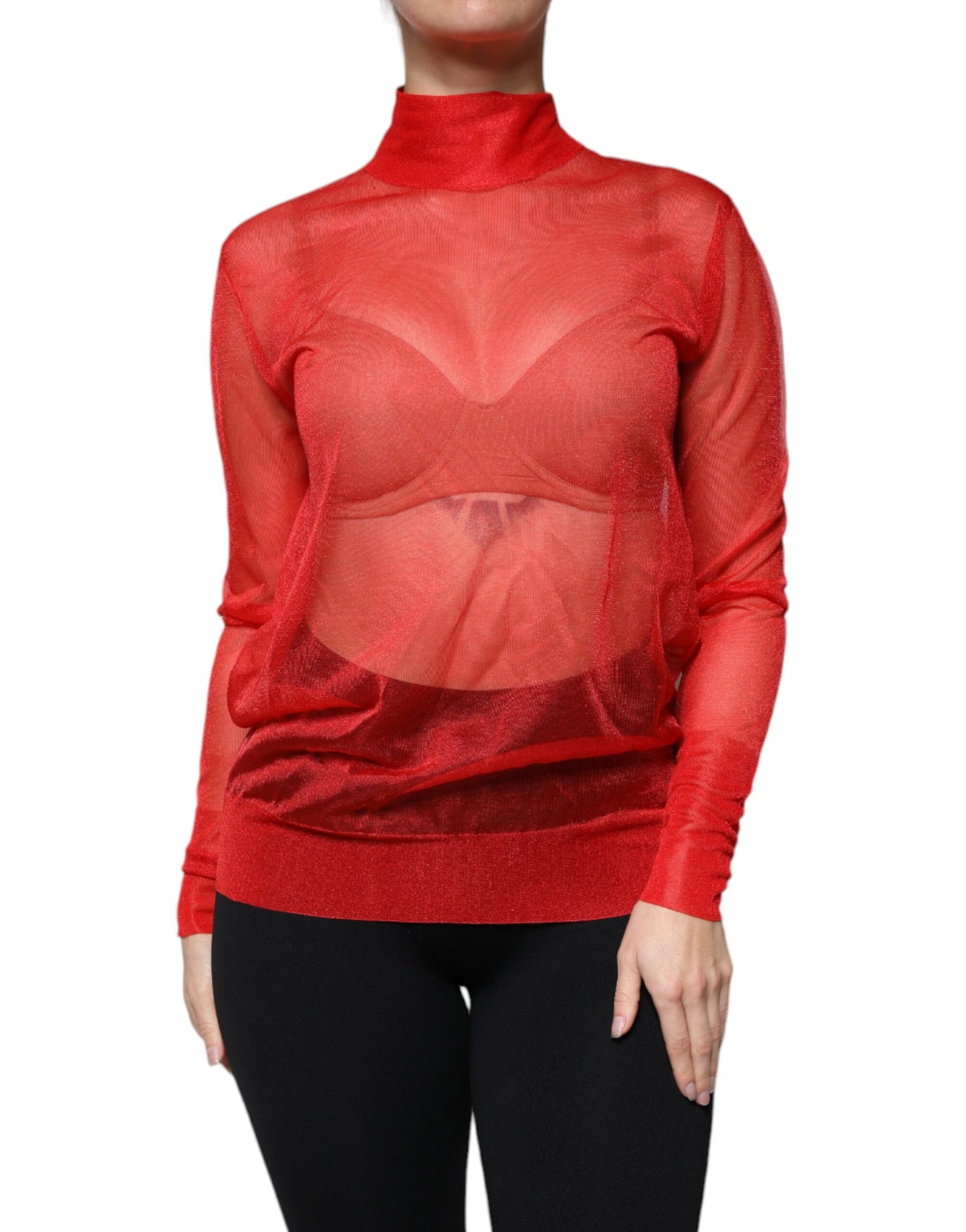 Red Mesh Turtleneck Long Sleeve Blouse Top