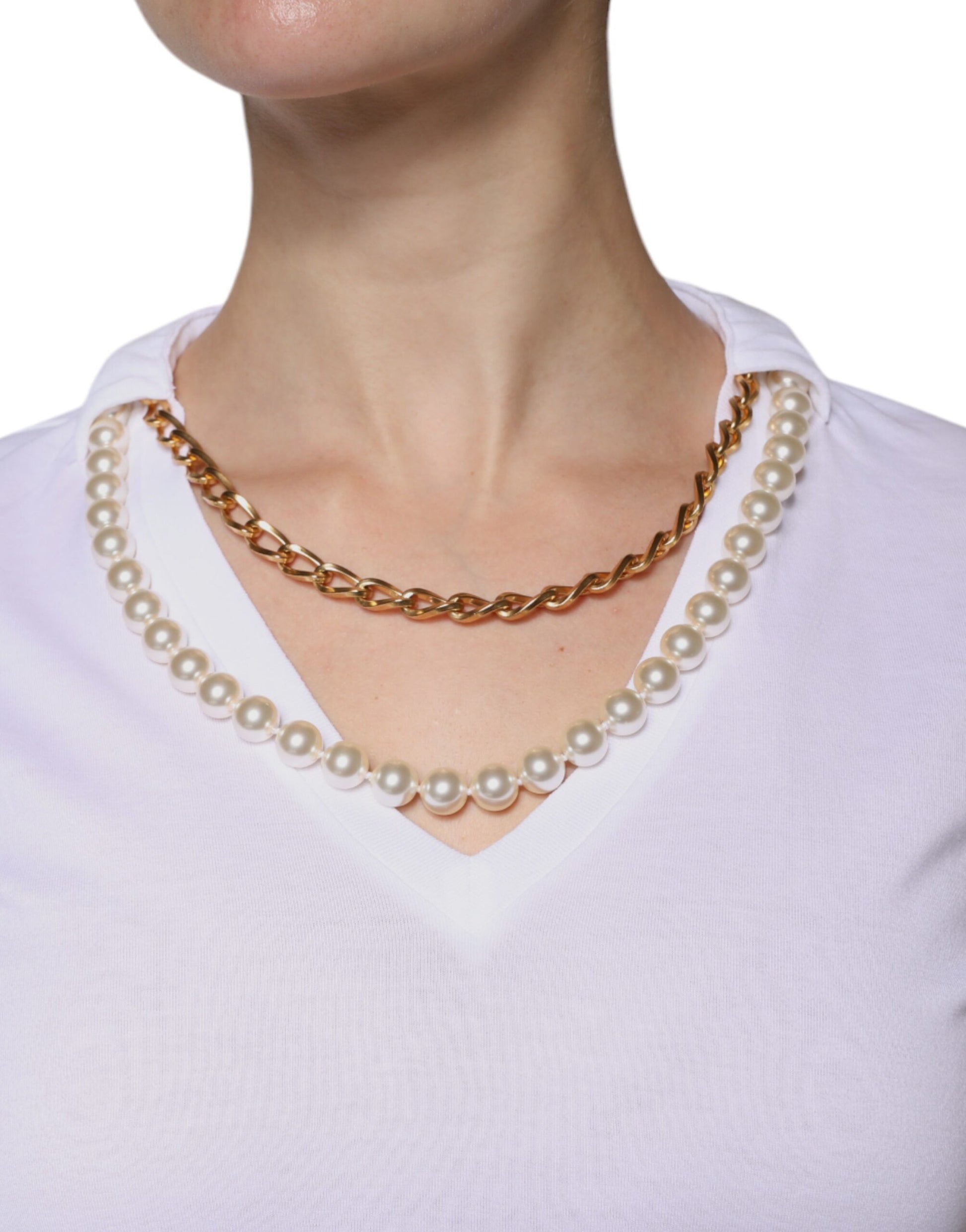 White Cotton Necklace Chain Short Sleeves T-shirt