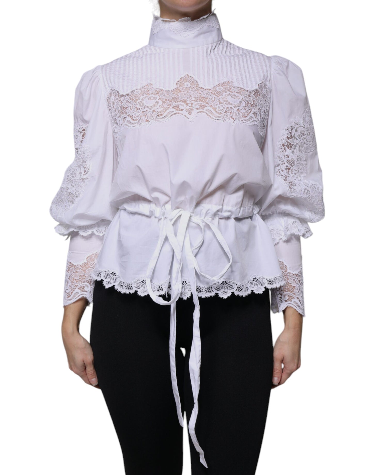 White Cotton Lace Trim Turtleneck Blouse Top