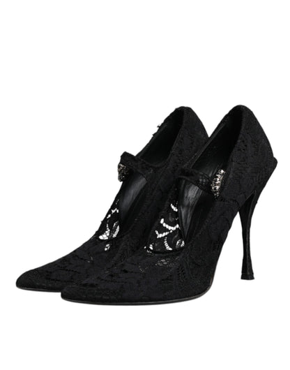 Black Lace Crystals Mary Jane Pumps Shoes