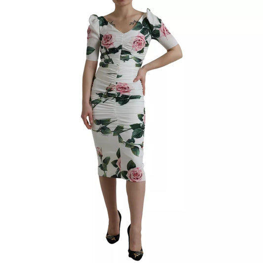 White Roses Print Stretch Silk Pleated Dress