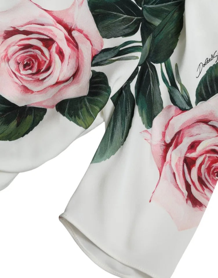 White Roses Print Stretch Silk Pleated Dress