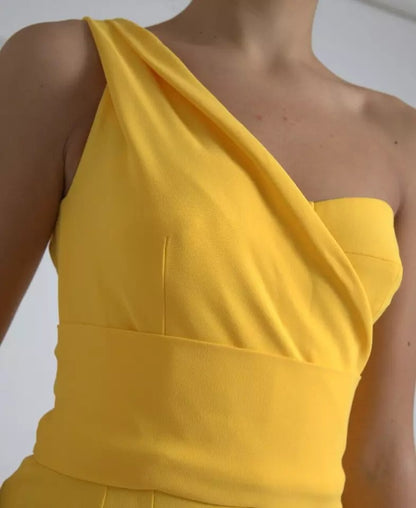 Yellow One Shoulder Side Slit Midi Dress