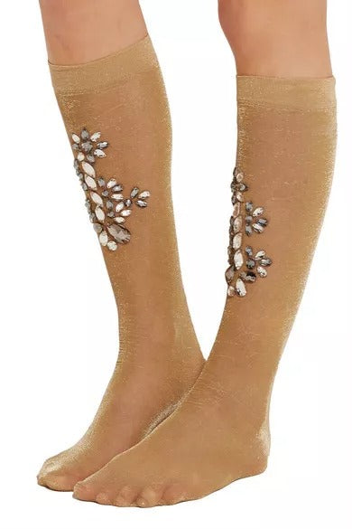 Gold Stretch Floral Clear Crystal Stocking Socks