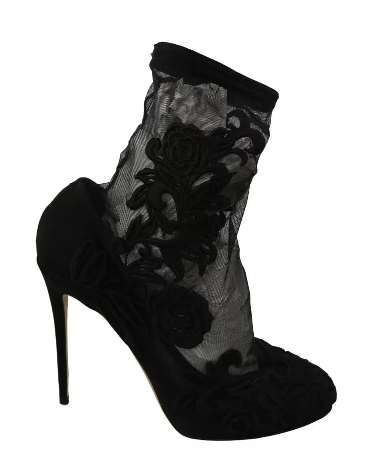 Black Tulle Stretch Floral Booties Shoes