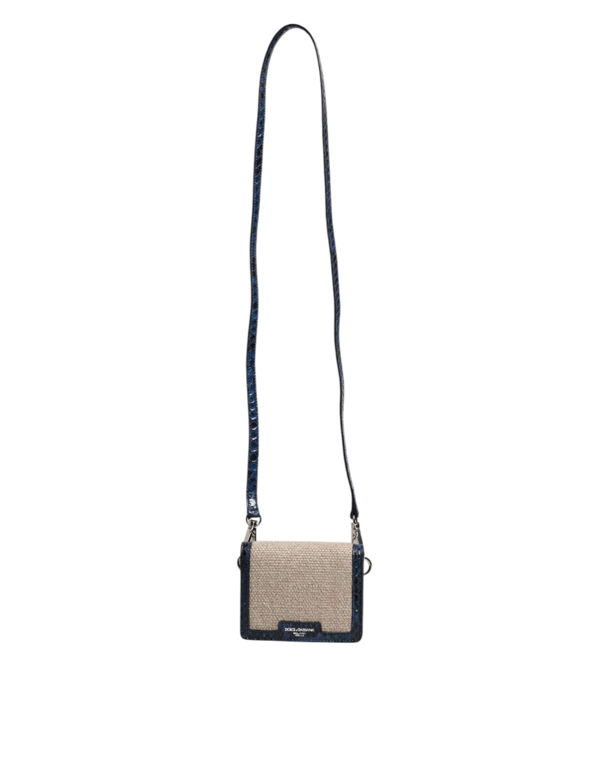 Beige Blue Leather Canvas Bifold Crossbody Bag