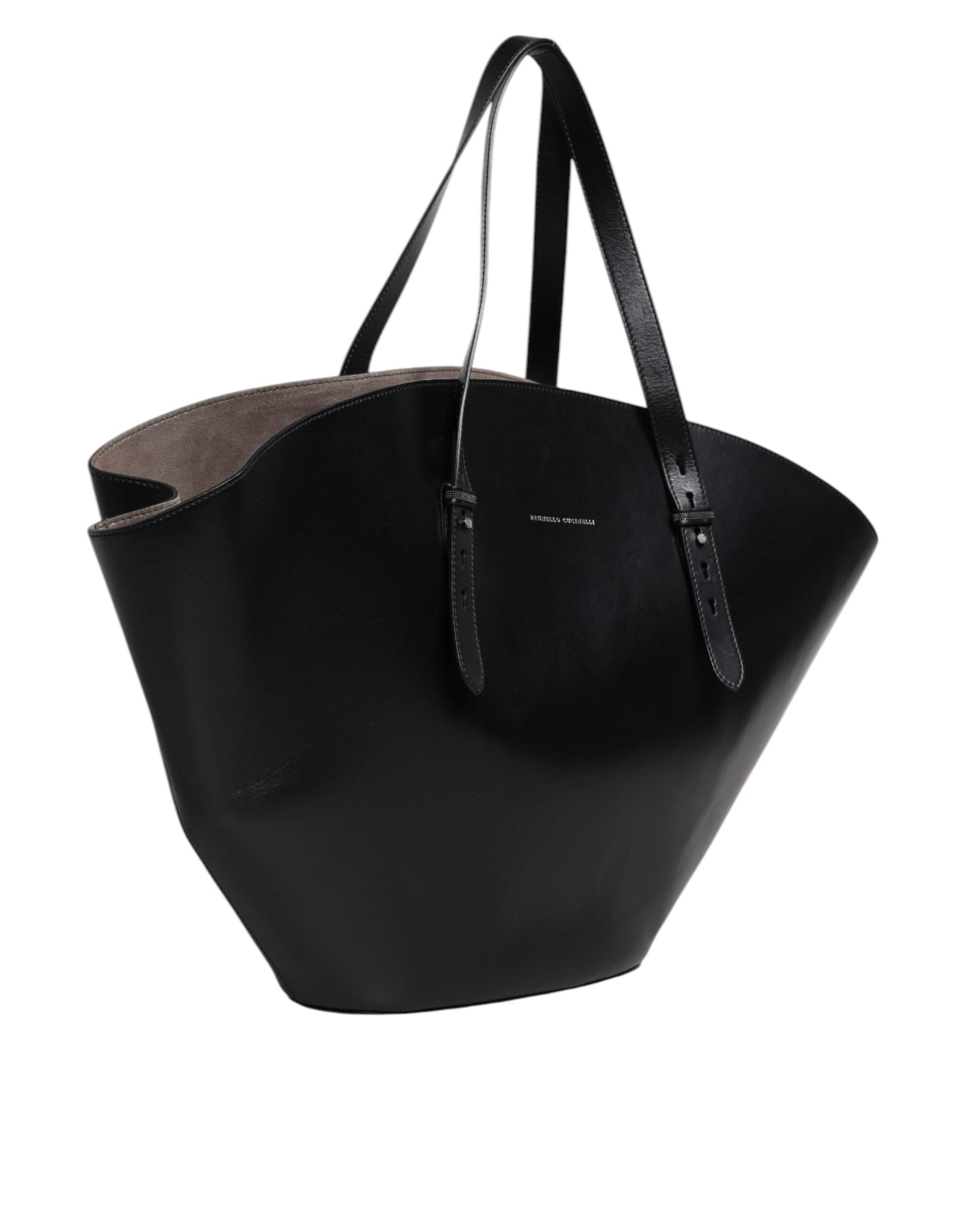 Black Leather Logo Shoulder Strap Shopping Tote Bag