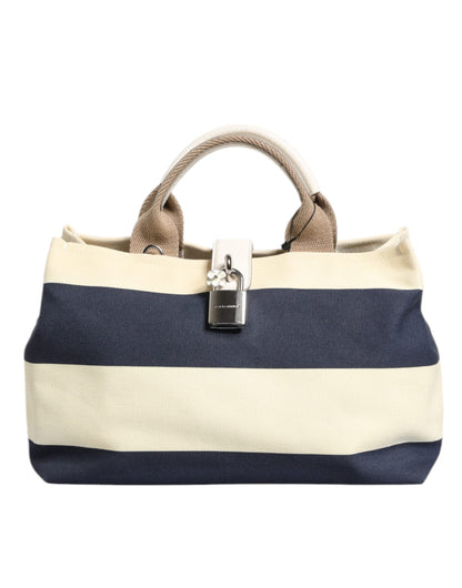 White Navy Striped Canvas Top Handle Tote Bag