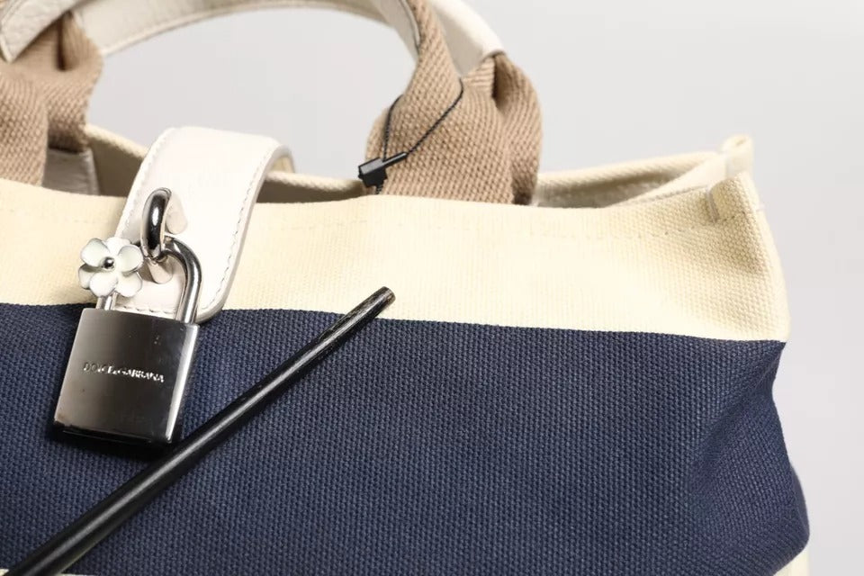 White Navy Striped Canvas Top Handle Tote Bag