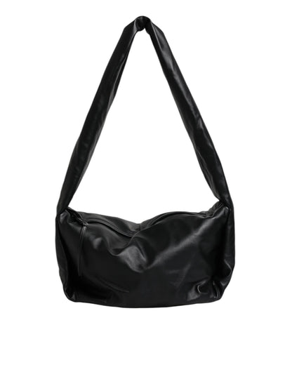 Black Leather Logo Plaque Shoulder Bag