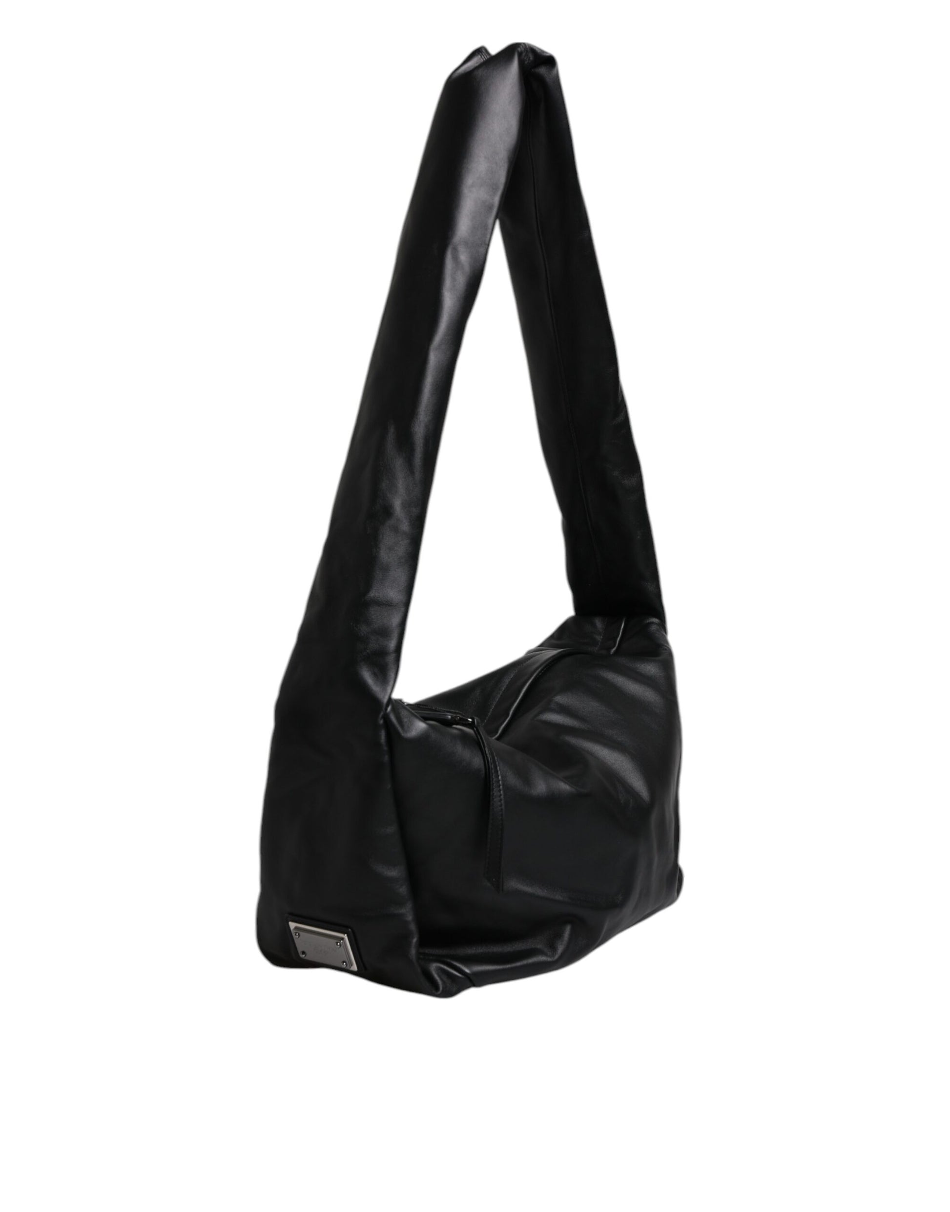 Black Leather Logo Plaque Shoulder Bag