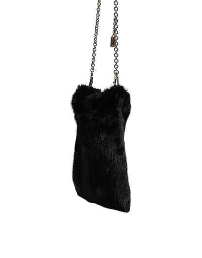 Black Faux Fur Silver Chain Crossbody Shoulder Purse Bag