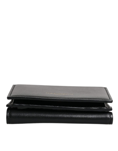 Black Leather Folding Card Holder Logo Print Wallet