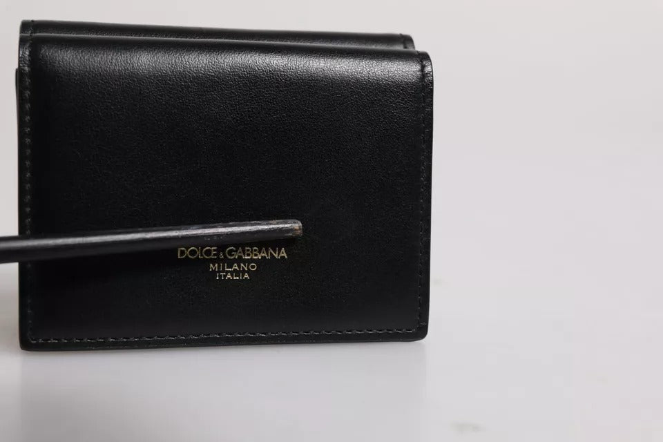 Black Leather Folding Card Holder Logo Print Wallet