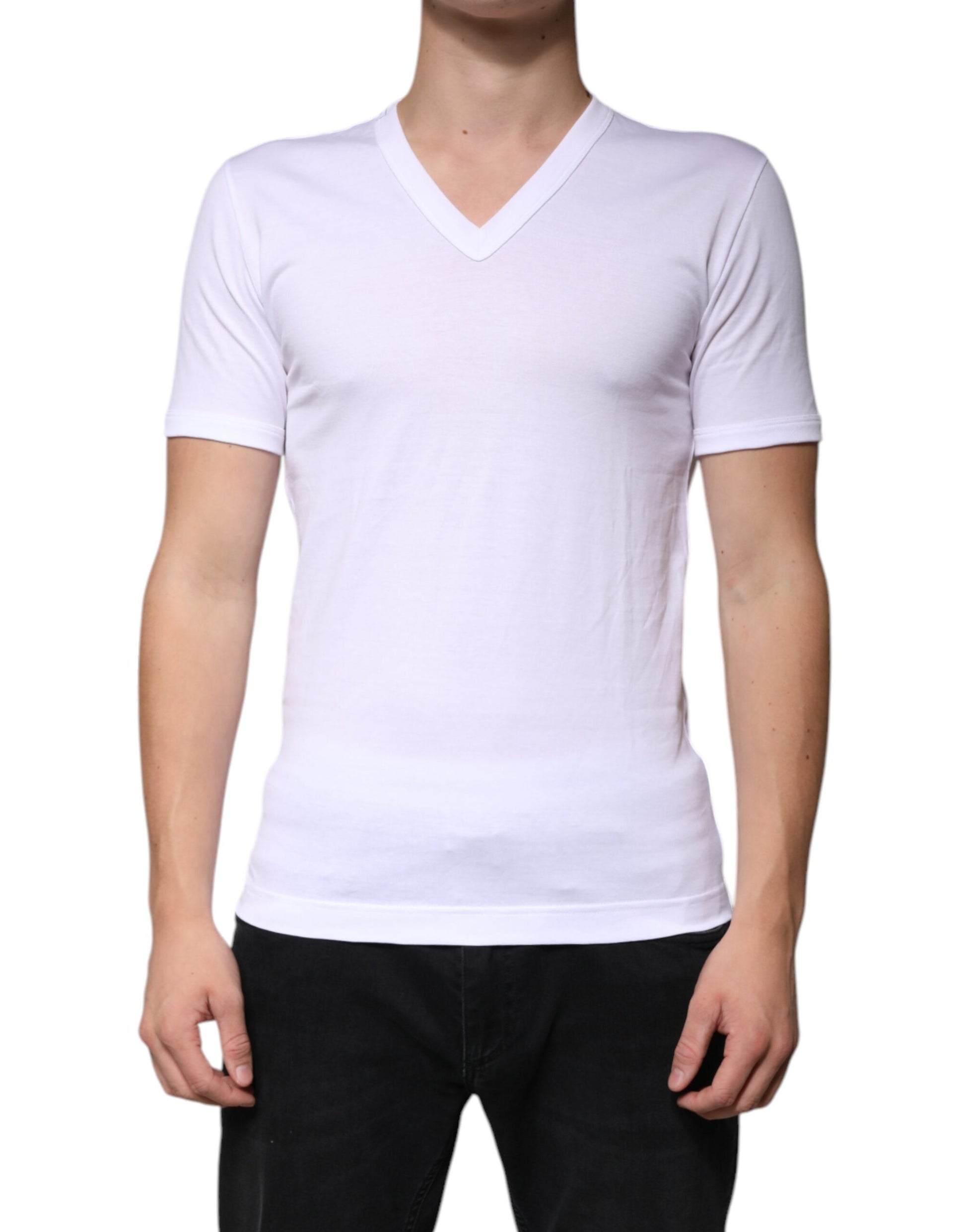 White Cotton V-neck Short Sleeves T-shirt