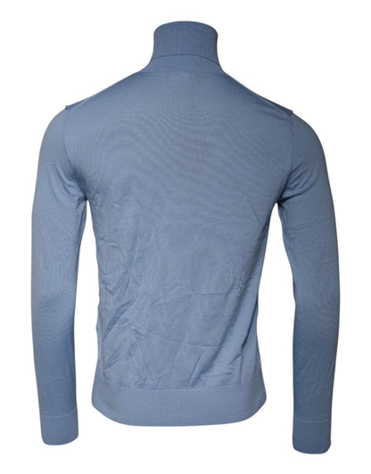 Light Blue Silk Turtleneck Pullover Sweater