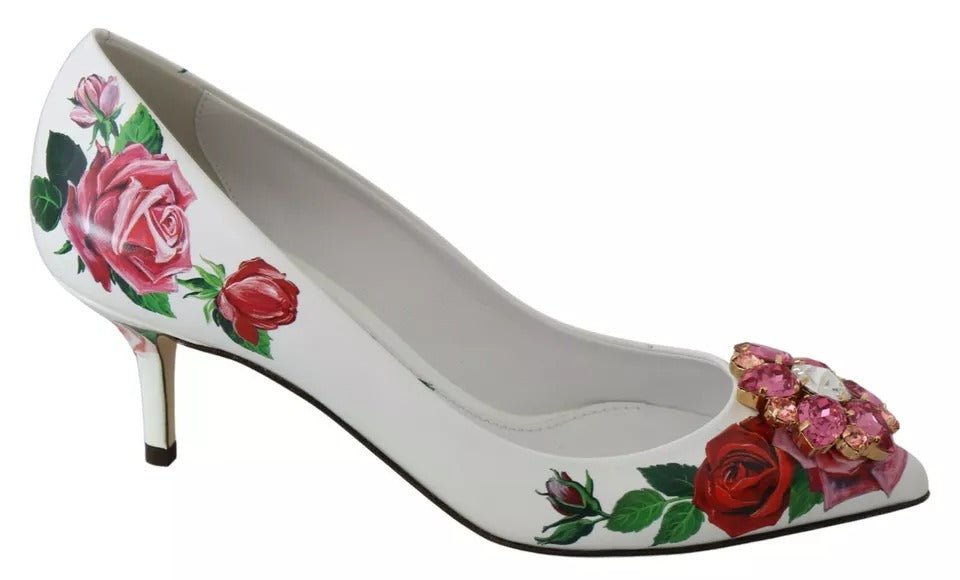 White Leather Roses Crystal Pumps Shoes