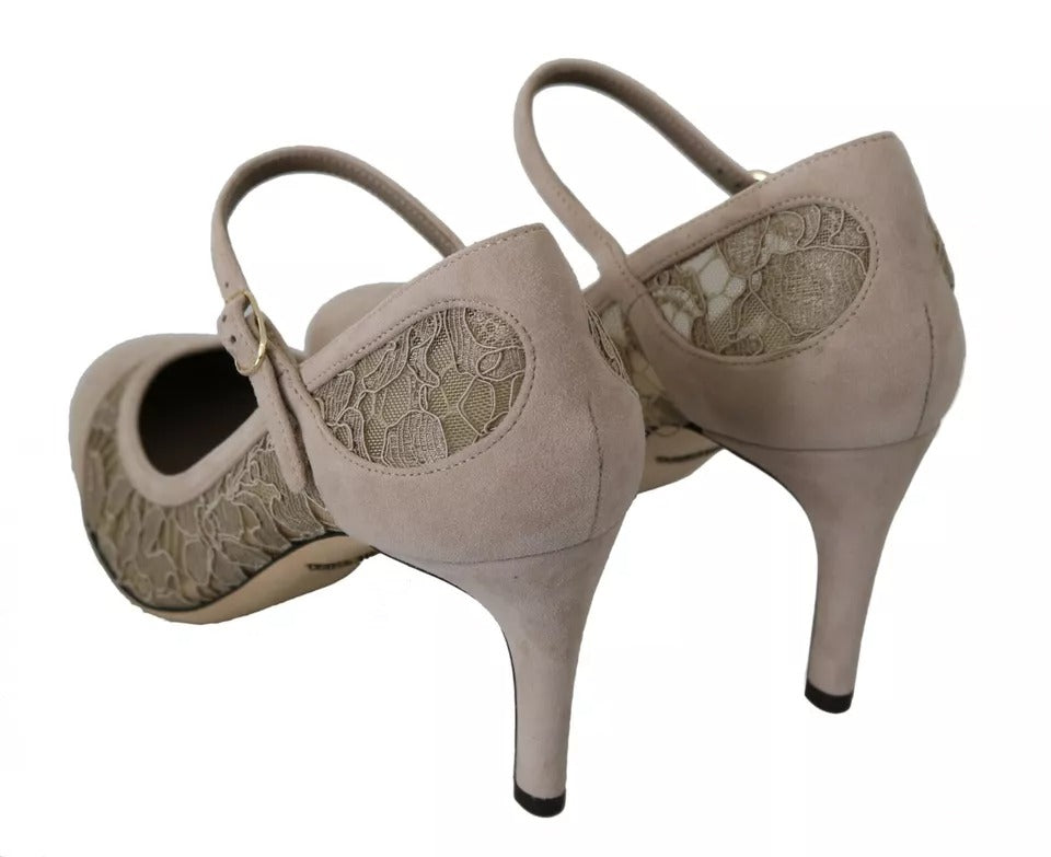 Beige Floral Lace Mary Janes Pumps Shoes