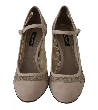 Beige Floral Lace Mary Janes Pumps Shoes