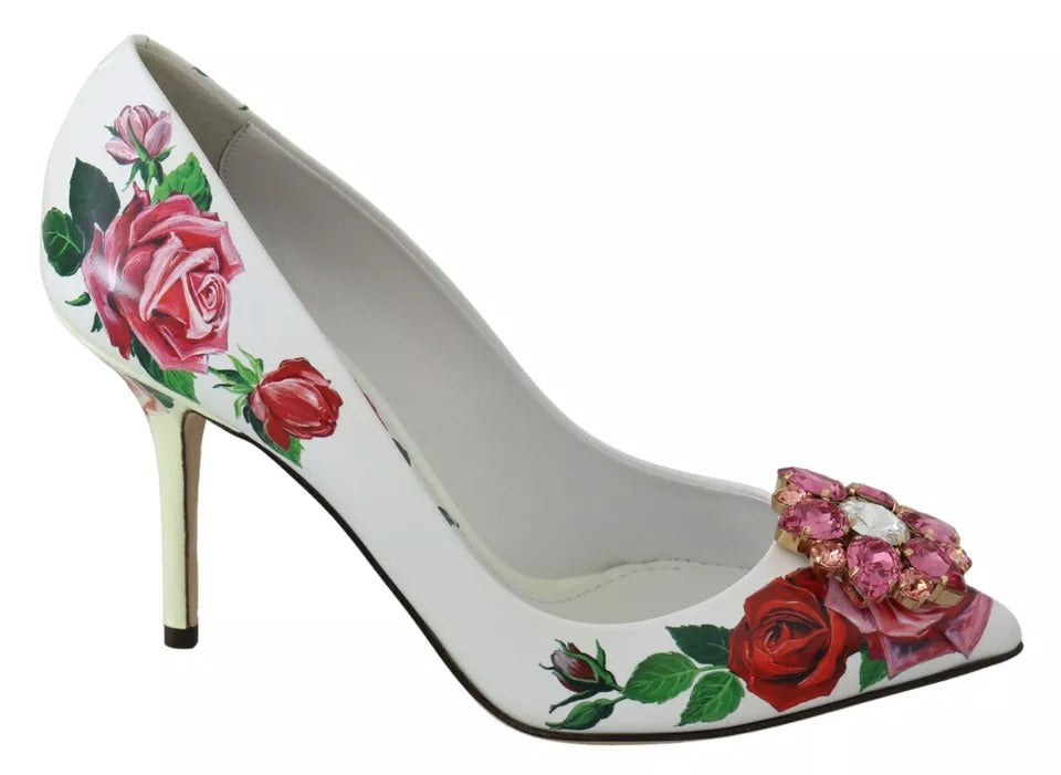 White Leather Roses Crystal Pumps Shoes