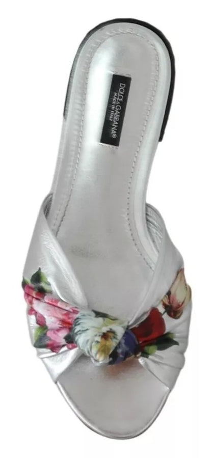 Silver Metallic Leather Floral Pattern Shoes