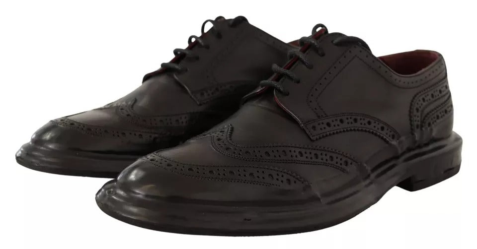 Black Perforated Leather Lace Up Derby Shoes