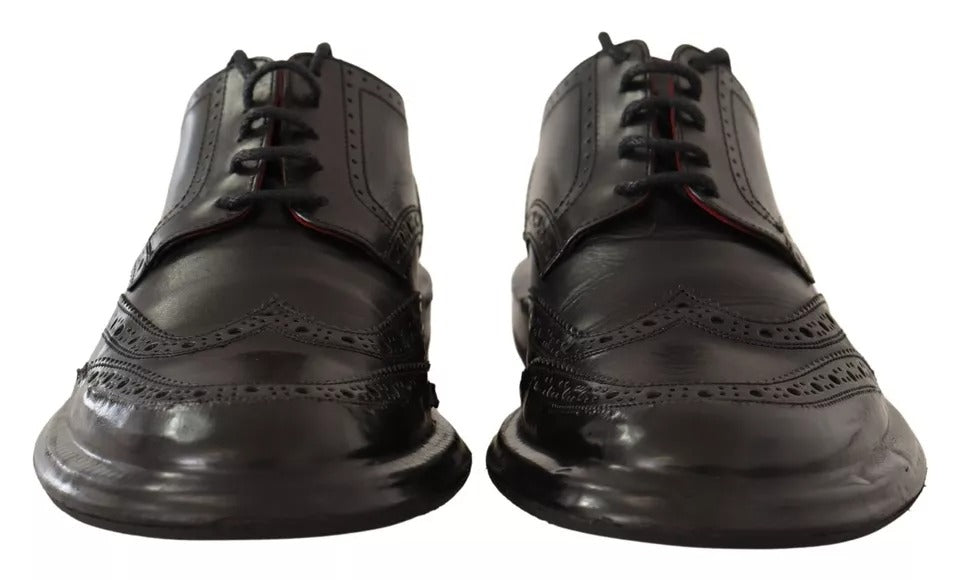 Black Perforated Leather Lace Up Derby Shoes