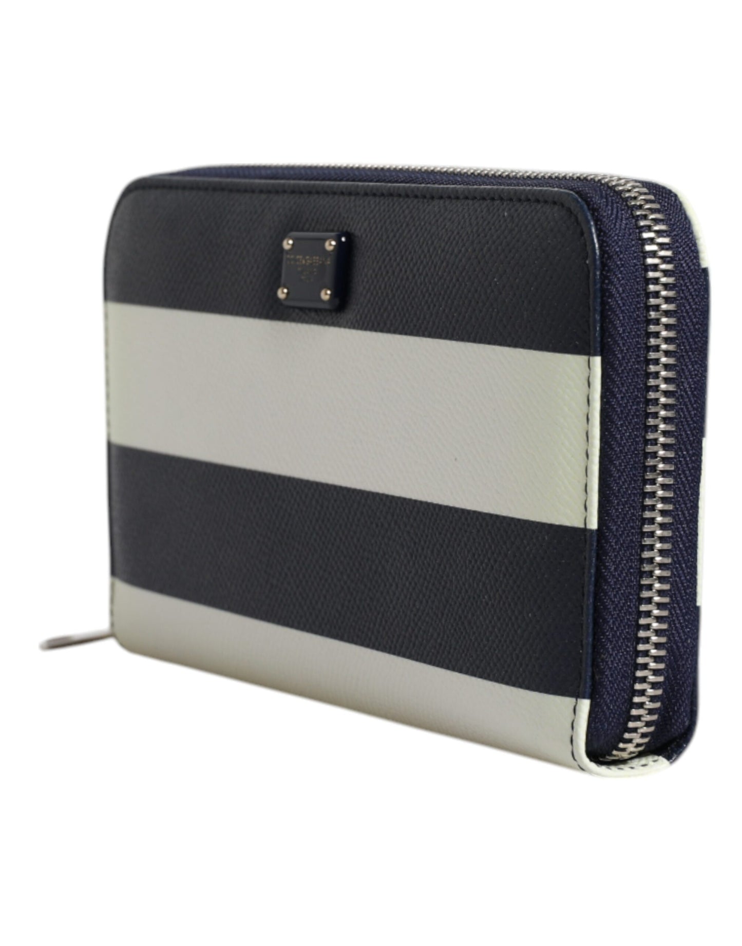 White Blue Striped Leather Zip Around Continental Wallet