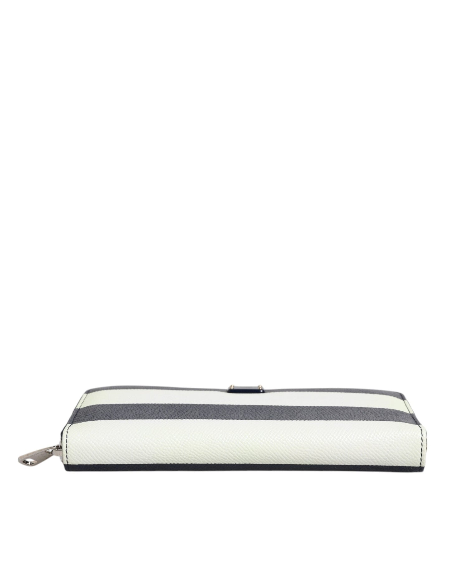 White Blue Striped Leather Zip Around Continental Wallet